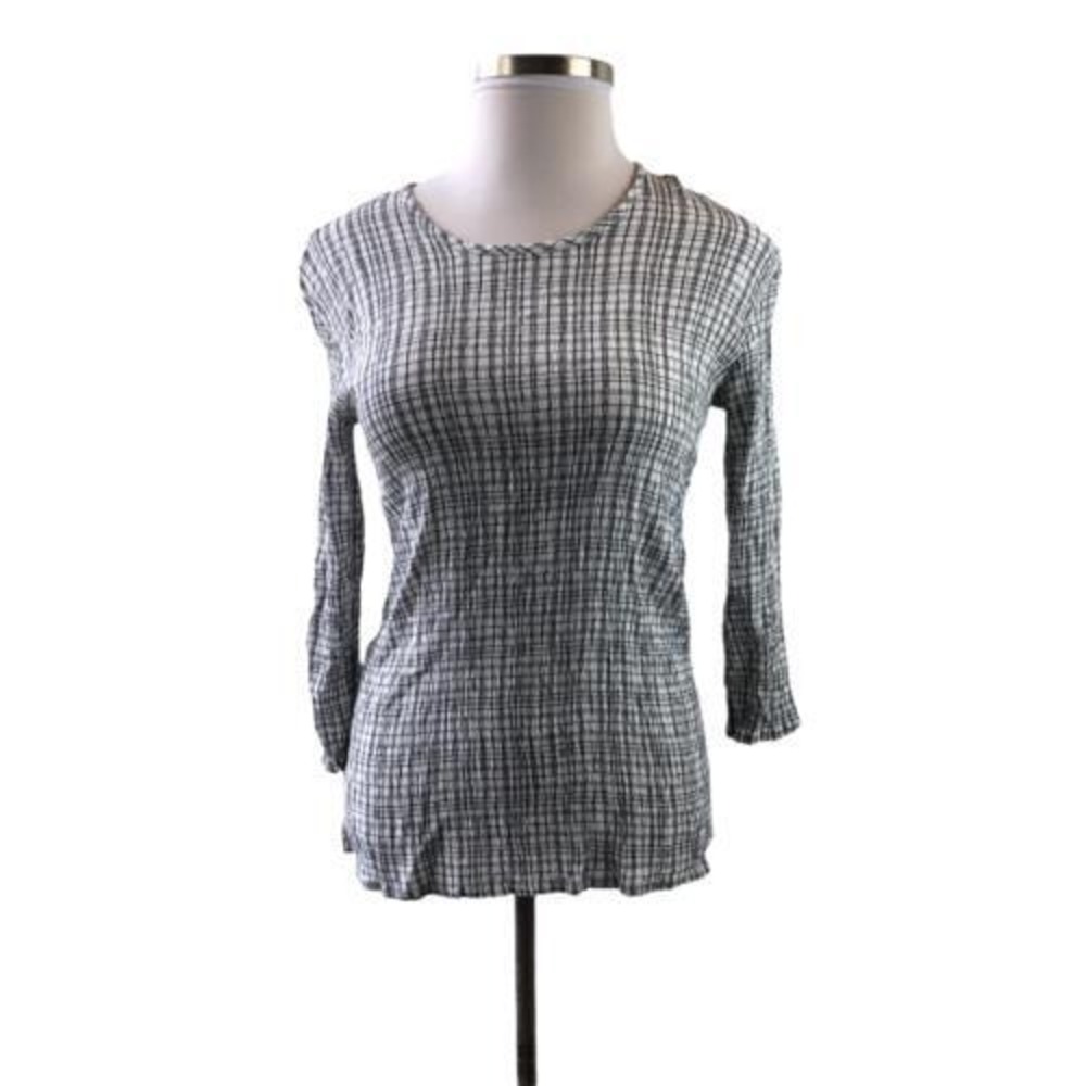 Flax Textured Crinkle Top White Black Plaid Large Minimalist Lightweight Stretch - Picture 8 of 9